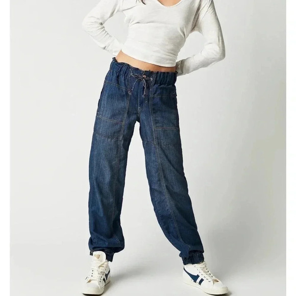 New Free People Angelo Denim Pull On Jeans Pants Drawstring Slouchy We The Free - Picture 1 of 13